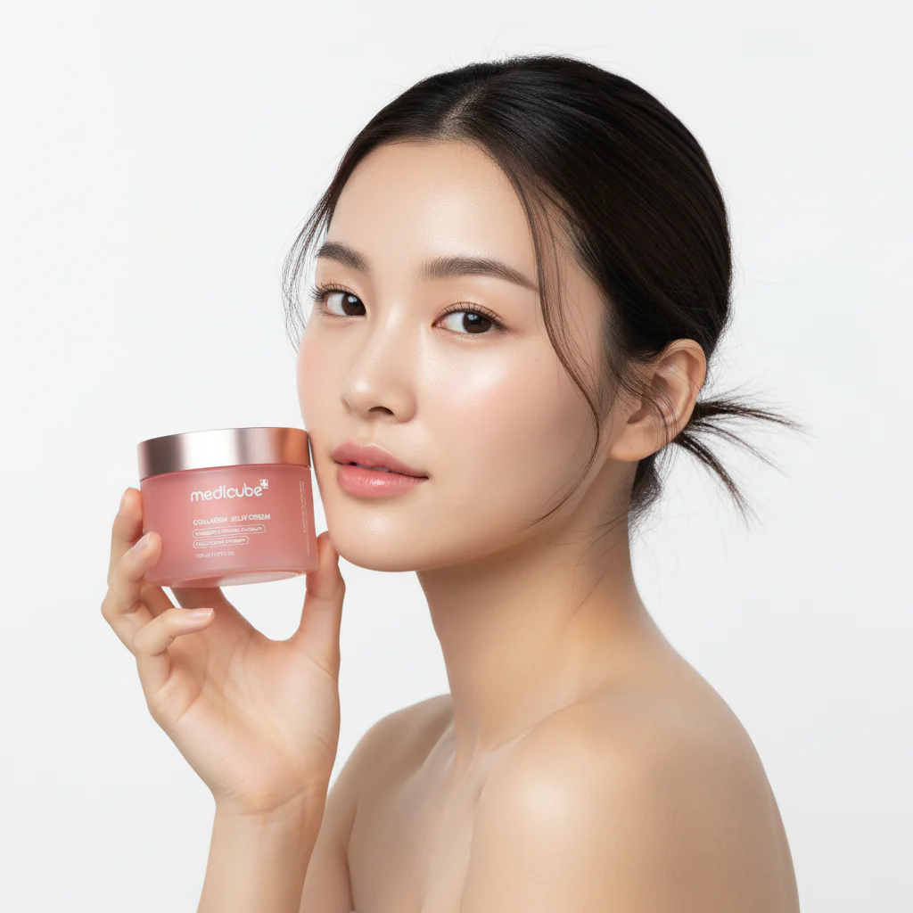 Femme au teint lumineux présentant un pot de crème coréenne rose au collagène pour une hydratation intensive du visage.