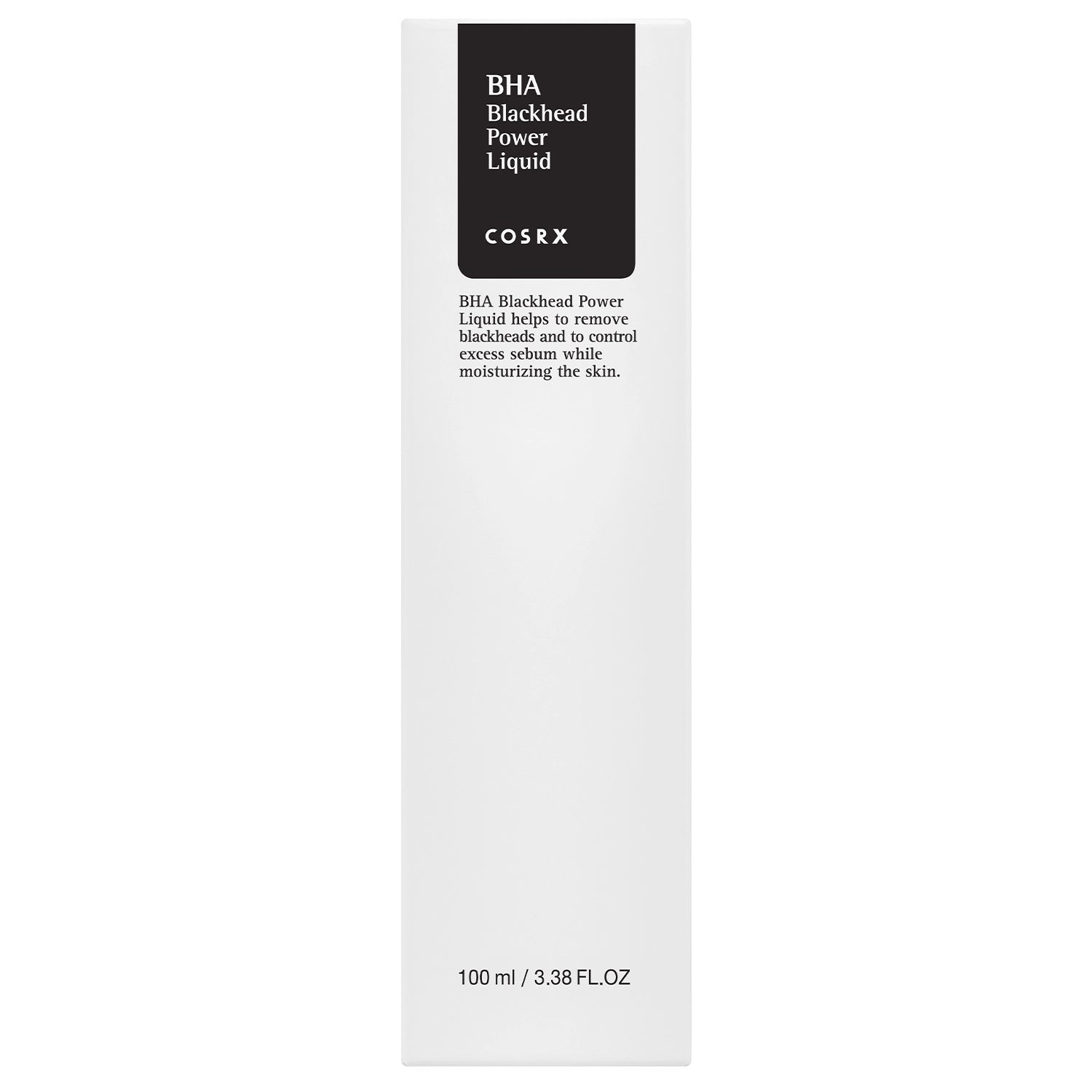 Bouteille blanche de COSRX BHA Blackhead Power Liquid, 100 ml, avec étiquette noire contenant le nom produit et description, utilisée pour éliminer les points noirs.