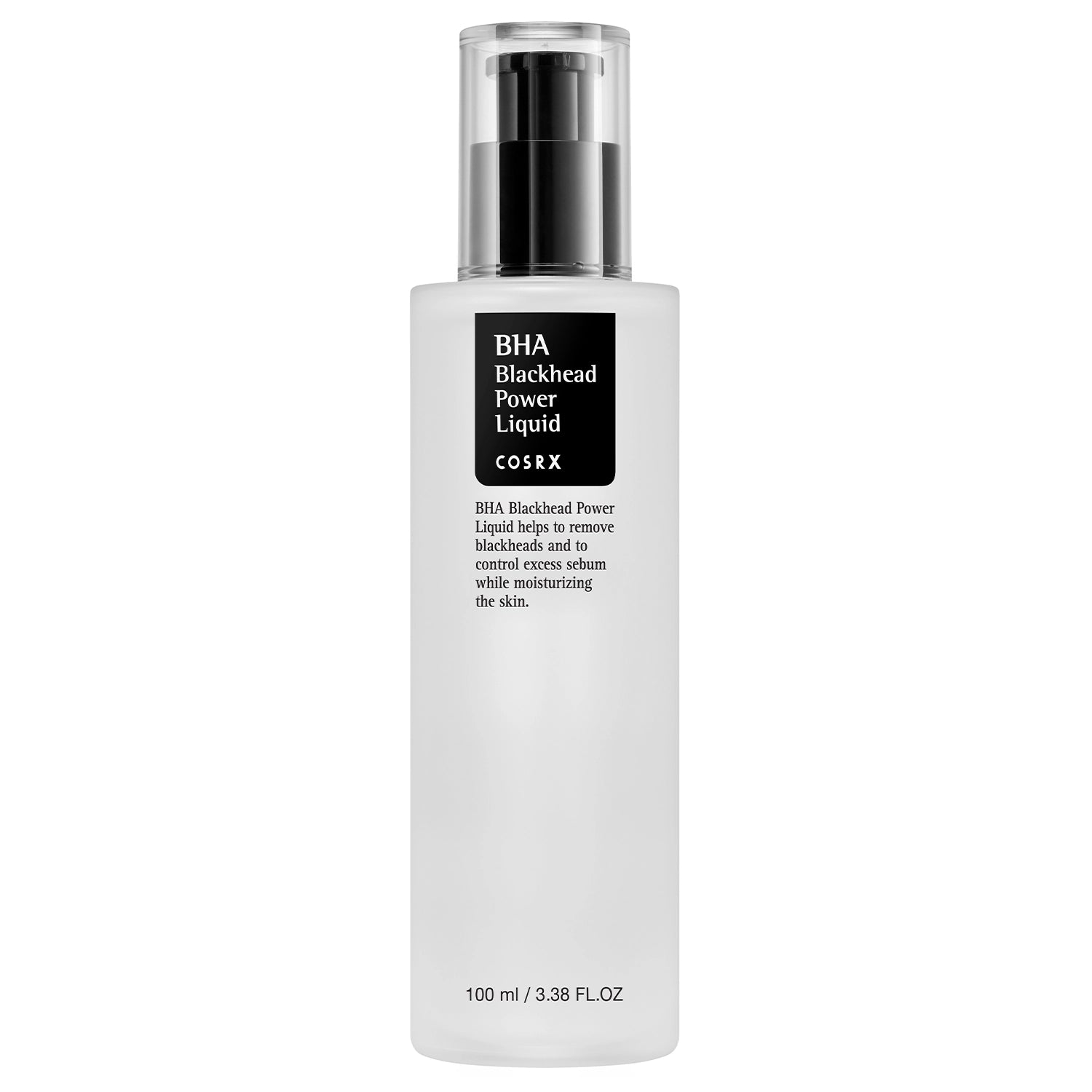 Flacon blanc du BHA Blackhead Power Liquid de COSRX avec étiquette noire et texte descriptif, pompe noire et capuchon transparent.