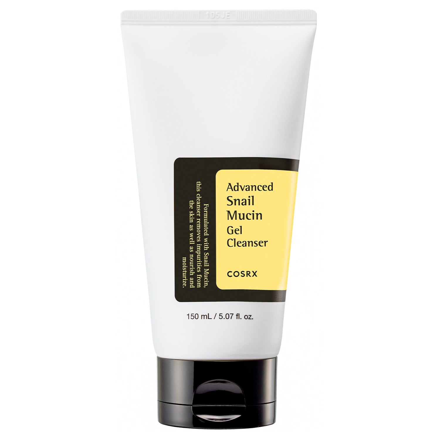 Gel nettoyant Advanced Snail Mucin Gel Cleanser COSRX, tube blanc et bouchon noir, label jaune et noir, 150 mL.