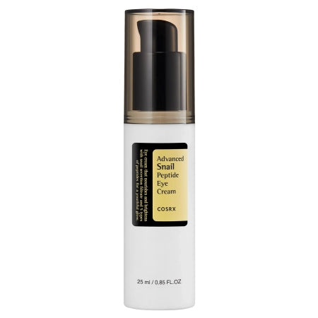 Crème contour des yeux Advanced Snail Peptide Eye Cream en flacon pompe blanc avec capuchon doré, étiquette noire et jaune.