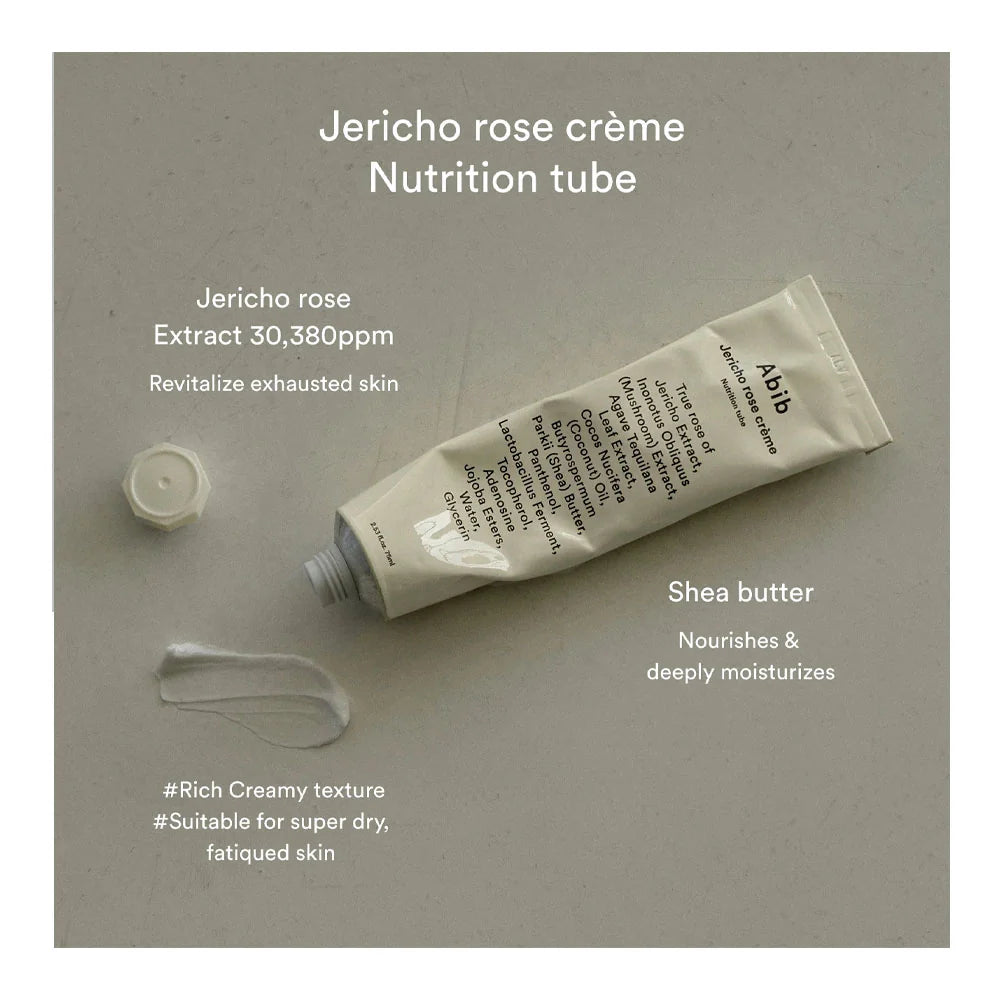 photo montrant un tube de crème abib jericho rose crème avec les bénéfices sur la peau