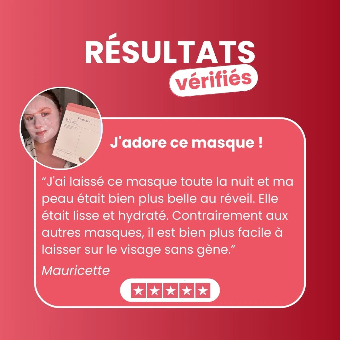 Témoignage et avis client positif sur l'efficacité du masque de nuit au collagène Biodance.