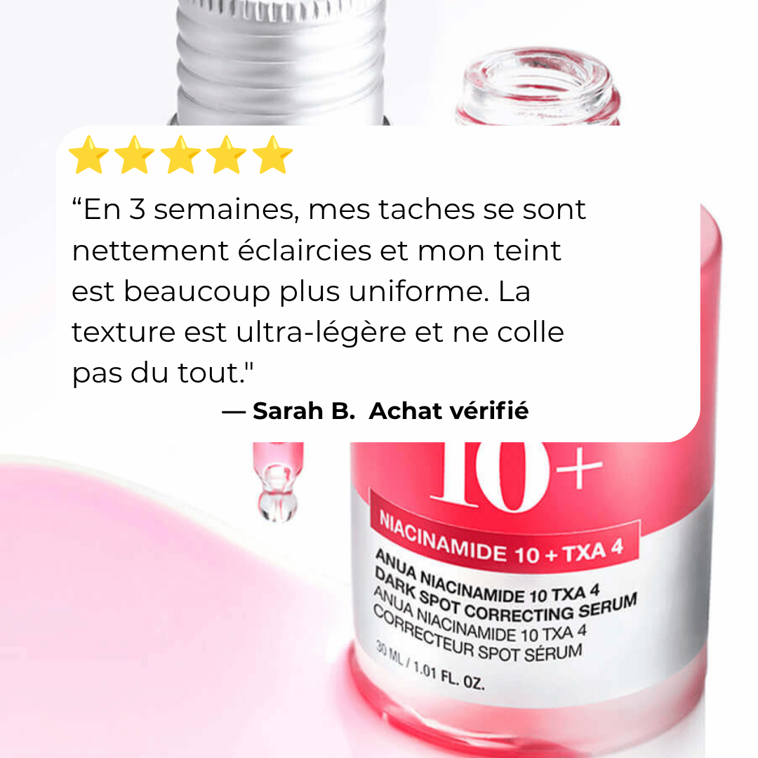 Avis client positif sur l'efficacité du sérum Anua Niacinamide et TXA contre les taches.