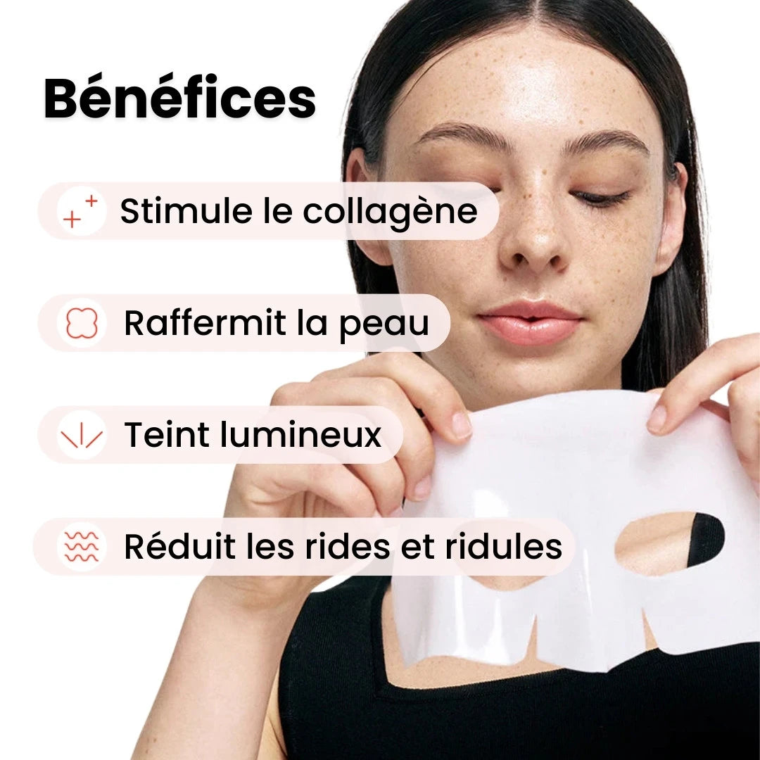 Infographie des bénéfices du masque Biodance au collagène : réduction des pores, hydratation profonde et fermeté de la peau.