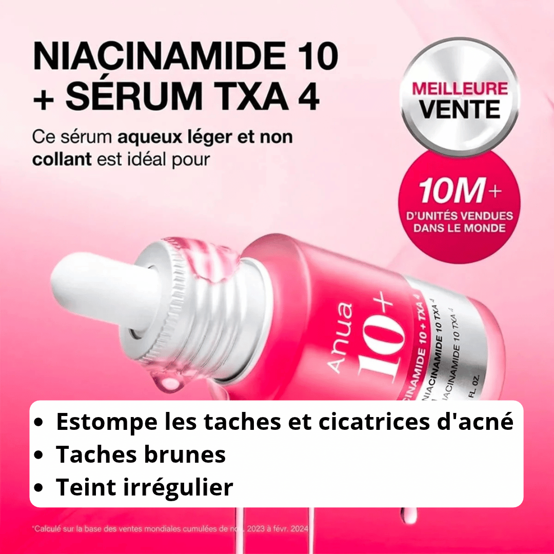 Infographie des bénéfices du sérum Anua : réduction des taches, éclat et pores resserrés.