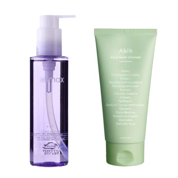 Kit de double nettoyage K-beauty pour peaux sensibles et acnéiques, comprenant la bouteille d'huile démaquillante Celimax Derma Nature et le tube de mousse nettoyante Abib Heartleaf Foam, présentés sur un fond épuré.