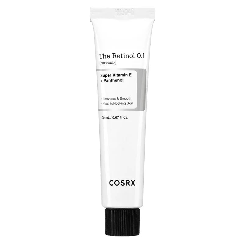Tube de crème COSRX The Retinol 0.1 Cream 20ml sur fond épuré pour le soin anti-âge de la peau.