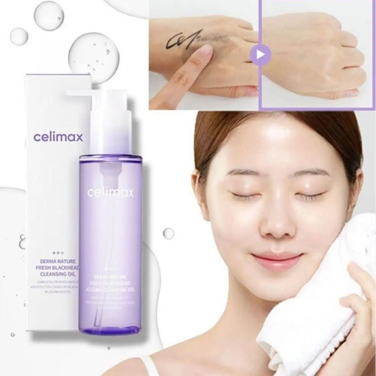femme après avoir nettoyer son visage avec l'huile nettoyante celimax