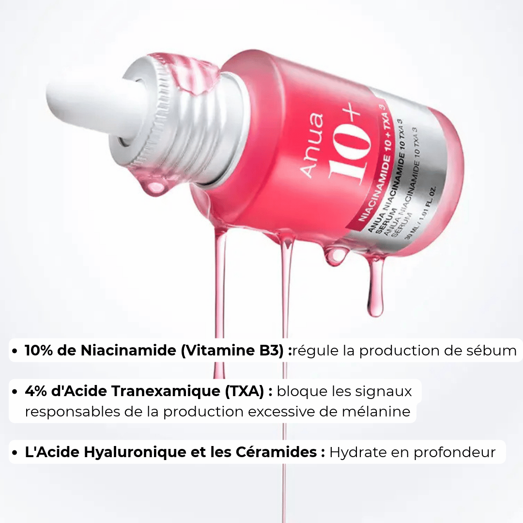 Ingrédients clés du sérum Anua : Niacinamide 10%, Acide Tranexamique 4% et Arbutine.