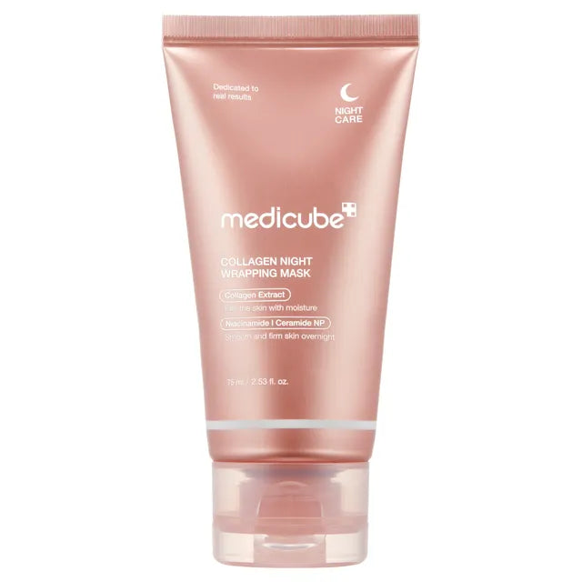 Flacon du masque de nuit Collagen Night Wrapping Peel Off Mask de Medicube sur fond blanc