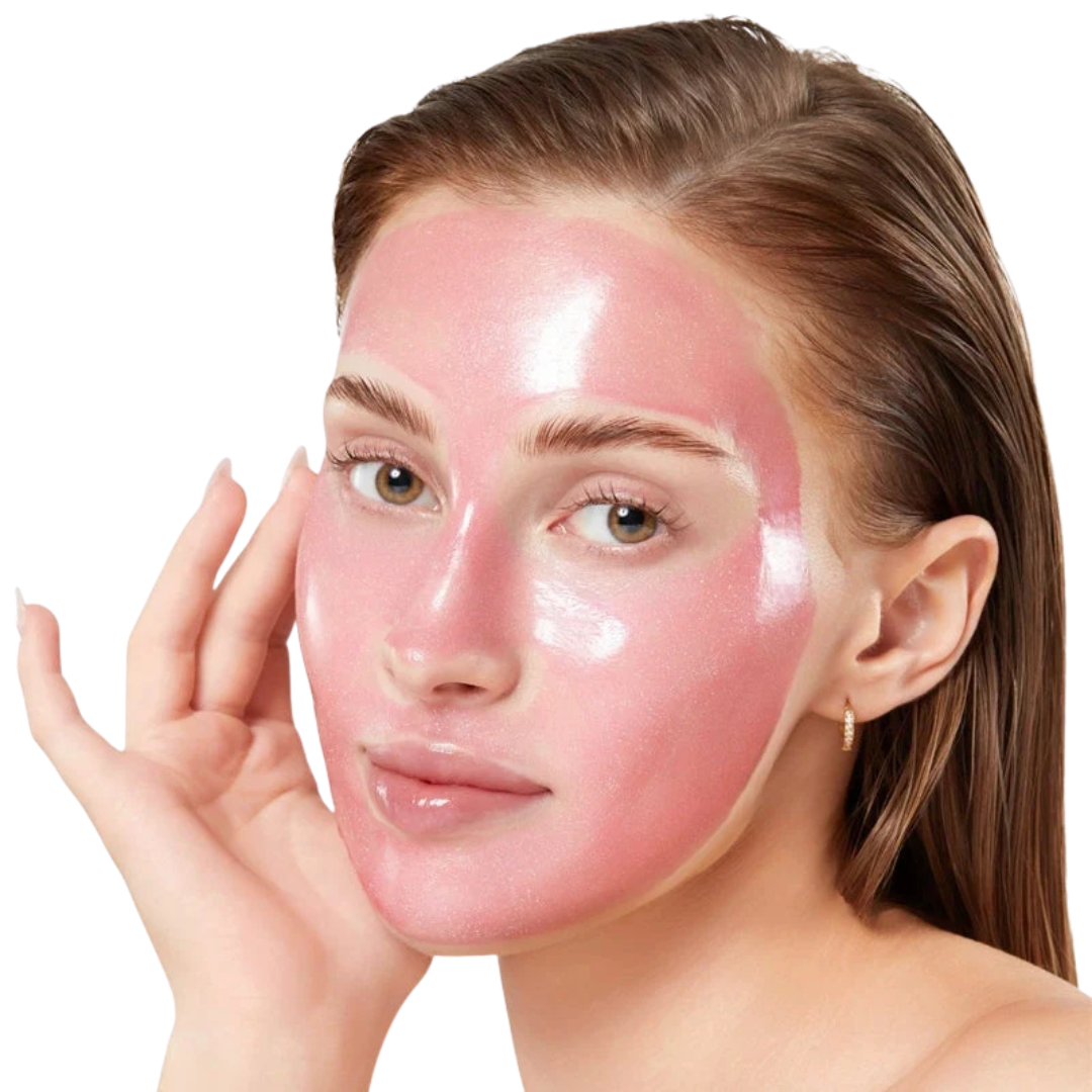 Une femme radieuse appliquant le PDRN Pink Caffeine Night Wrapping Mask sur son visage le soir.