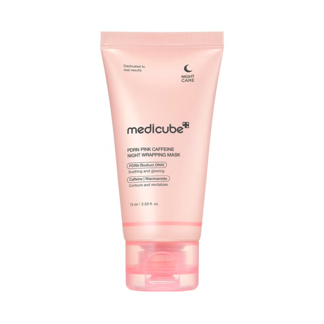Le pot iconique du PDRN Pink Caffeine Night Wrapping Mask Medicube posé sur un fond minimaliste.