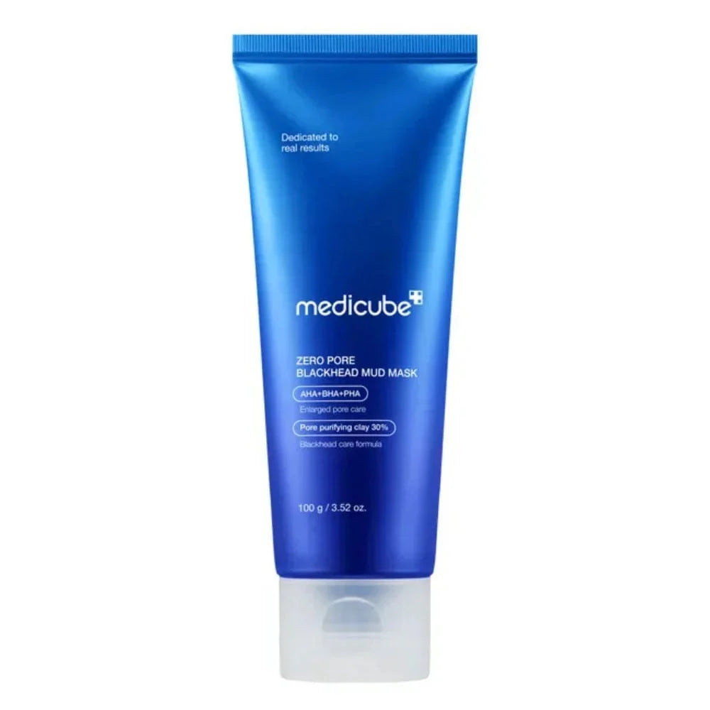 Gel nettoyant bleu Mousseline: tube bleu Medcube Zero Pore Blackhead Mud Mask, 100 g, capuchon blanc.