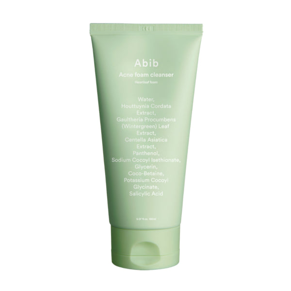 Tube de mousse nettoyante Abib Acne Foam Cleanser Heartleaf Foam, soin apaisant et anti-imperfections pour peau sensible