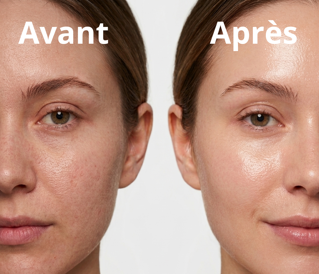 Comparaison avant après du visage d'une femme montrant l'évolution de la texture de sa peau et l'effet lissant d'un soin au collagène