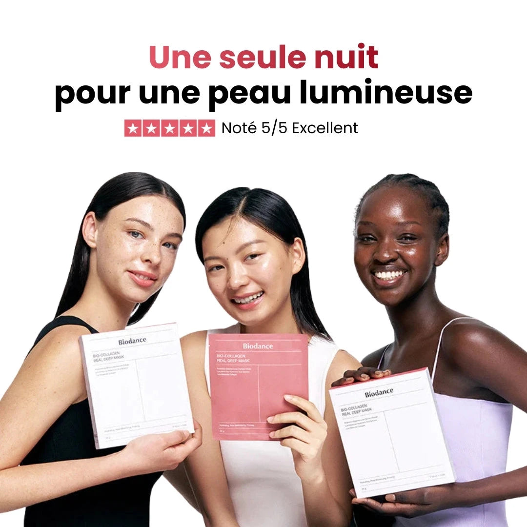 Trois jeunes femmes présentant le masque de nuit au collagène Biodance durant leur routine de soins.